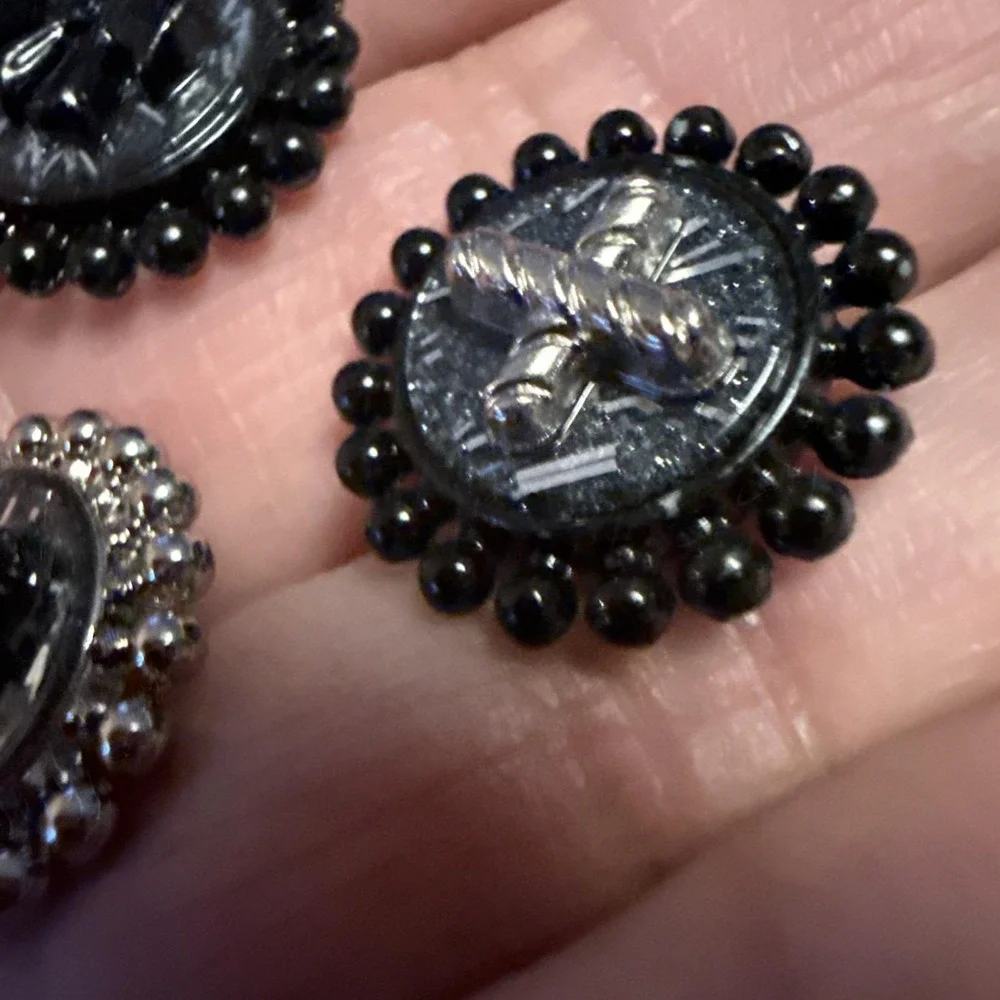 Vintage Incredible Rare GlassPainted Shank Buttons-Heart,Bow&Cross-Black/Silver